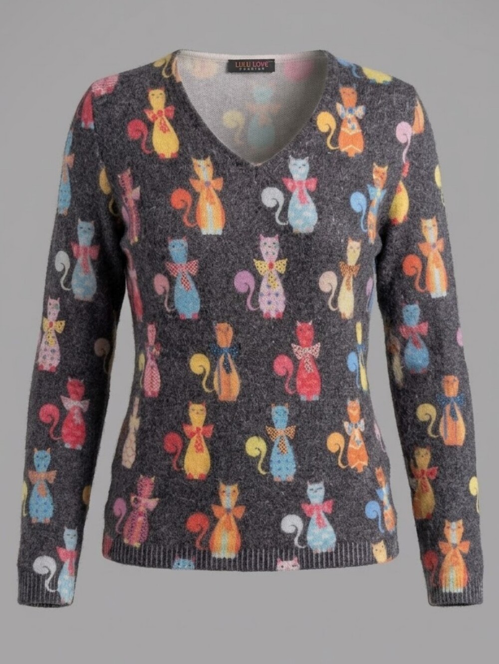 Lulu Love Grey Soft V-neck Whimsical Women All Over Cat Print Quirky Sweater S